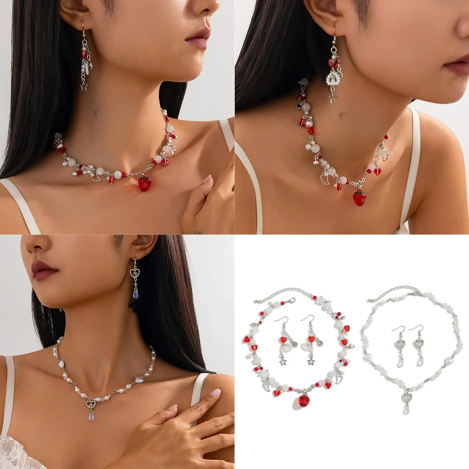 Stylish Strawberry/Heart Pendant Necklace Earrings Imitation Pearls Jewelry Accessories For Everyday Wear