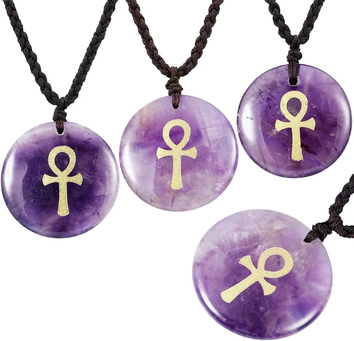 SUNYIK Egyptian Ankh Cross Engraved Round Stone Amulet Pendant Necklace, Adjustable Wave Necklaces for Unisex