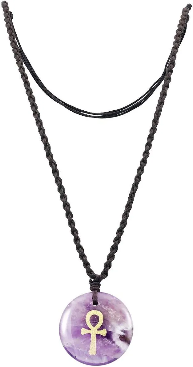 SUNYIK Egyptian Ankh Cross Engraved Round Stone Amulet Pendant Necklace, Adjustable Wave Necklaces for Unisex