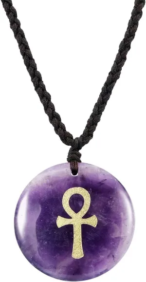 SUNYIK Egyptian Ankh Cross Engraved Round Stone Amulet Pendant Necklace, Adjustable Wave Necklaces for Unisex