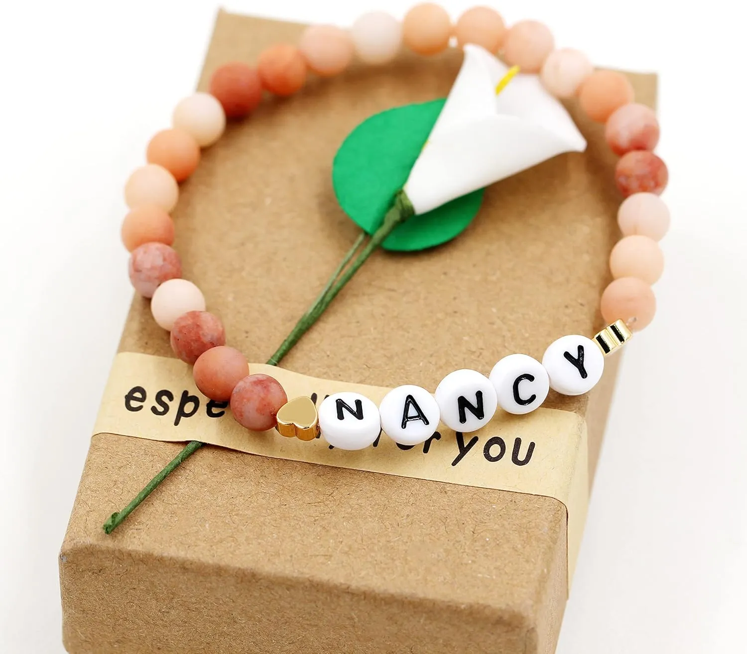 T Brand Personalized Name Bracelet, Natural Pearl/Afghan Jade/Aventurine Beaded Bracelets for Women