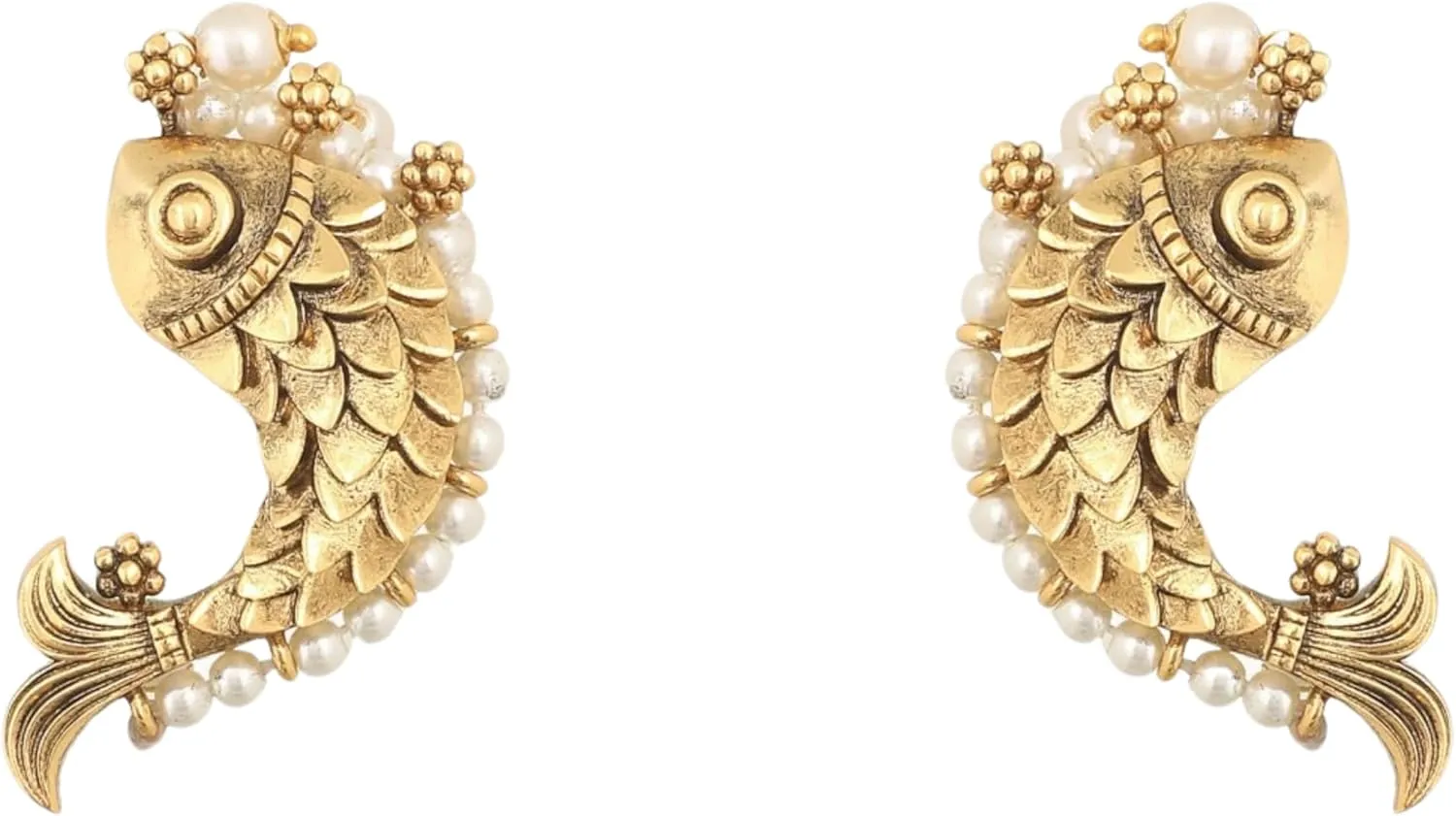 Tarinika Fish and Pearl Oxidized Classic Earrings(Gold-Plated Brass) - Indian Earrings for Women | Perfect for Ethnic Occasions | Traditional South Indian Jewelry | 1 Year Warranty*