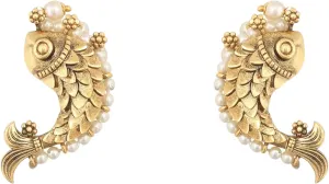 Tarinika Fish and Pearl Oxidized Classic Earrings(Gold-Plated Brass) - Indian Earrings for Women | Perfect for Ethnic Occasions | Traditional South Indian Jewelry | 1 Year Warranty*