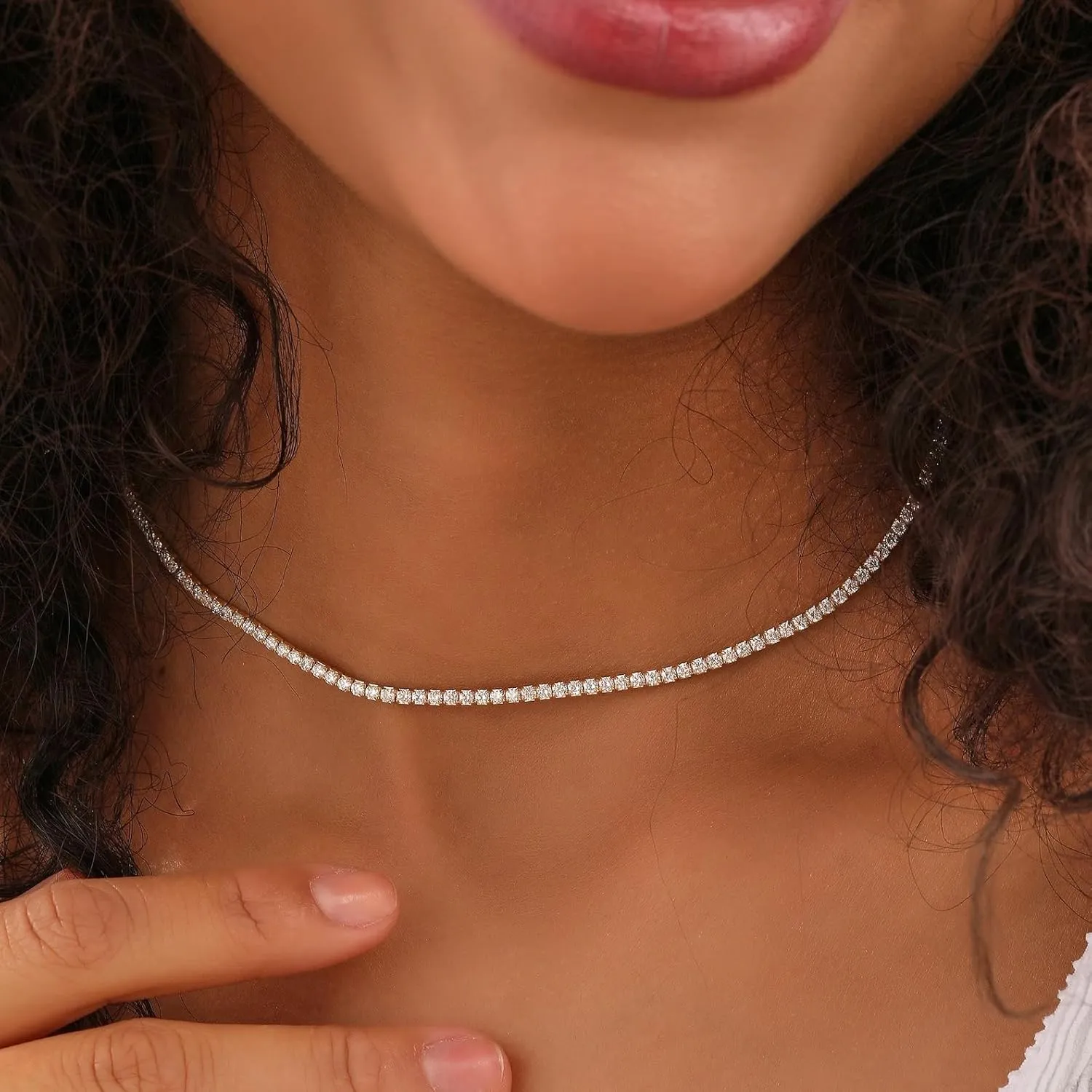 Tennis Necklace 14K Gold/Silver Plated3mm Width Sparking Rhinestone Chain Necklace Delicate Tennis Choker Necklace for Women Dainty Classic Cubic Zirconia Bridal Wedding Jewelry for Women