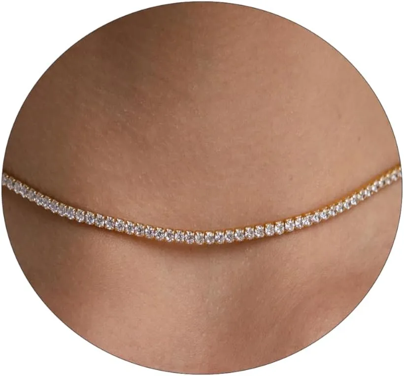 Tennis Necklace 14K Gold/Silver Plated3mm Width Sparking Rhinestone Chain Necklace Delicate Tennis Choker Necklace for Women Dainty Classic Cubic Zirconia Bridal Wedding Jewelry for Women