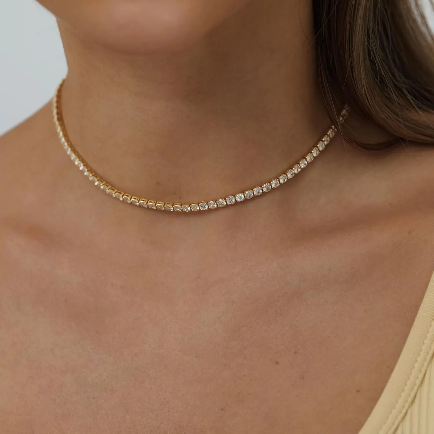 Tennis Necklace 14K Gold/Silver Plated3mm Width Sparking Rhinestone Chain Necklace Delicate Tennis Choker Necklace for Women Dainty Classic Cubic Zirconia Bridal Wedding Jewelry for Women