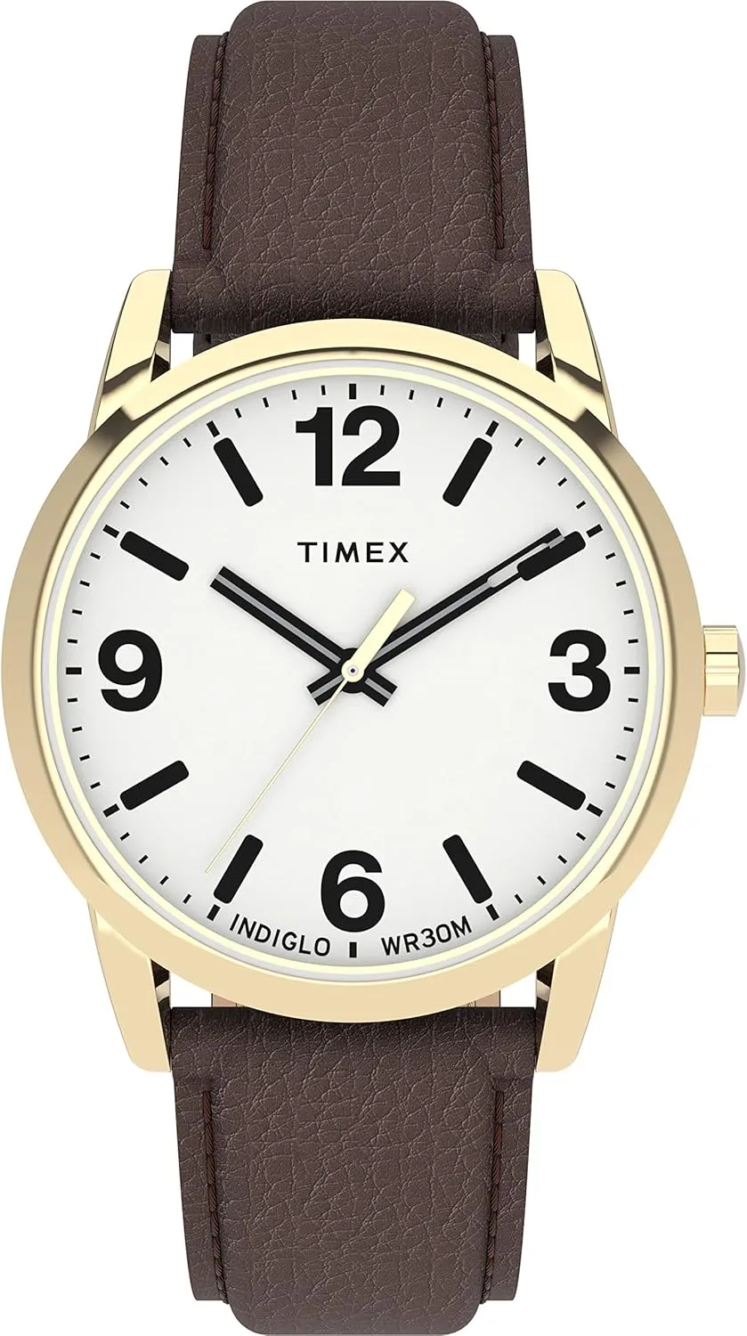 Timex Men's Easy Reader Bold 38mm Watch  Gold-Tone Case White Dial with Brown Leather Strap
