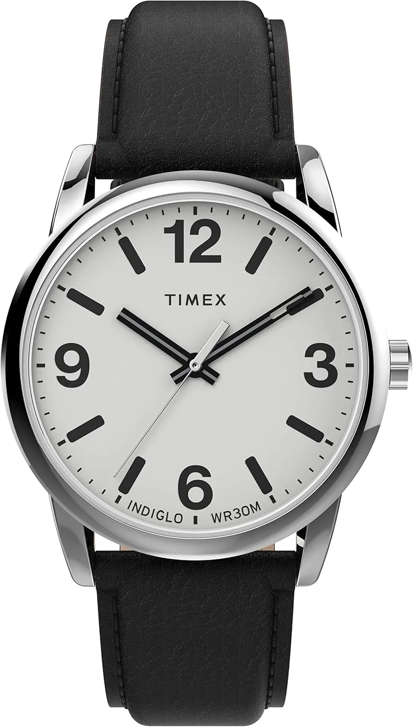 Timex Men's Easy Reader Bold 38mm Watch  Silver-Tone Case White Dial with Black Leather Strap