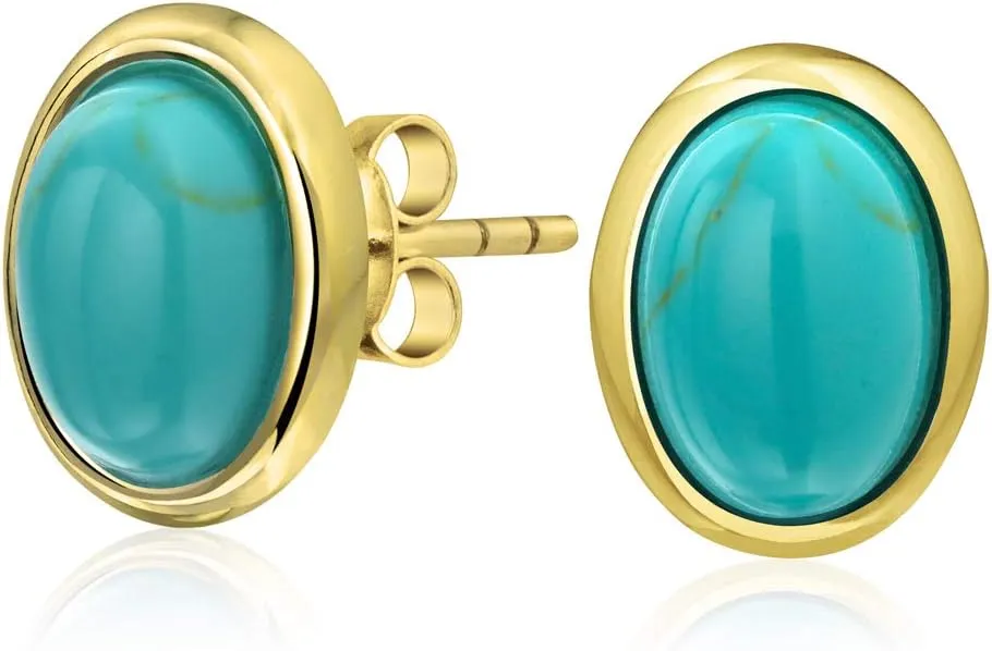 Traditional Classic 7x9 MM Gemstone Black Onyx Blue Turquoise Amber Bezel Set Dome Button Oval Stud Earrings For Women 14K Gold Plated .925 Sterling Silver