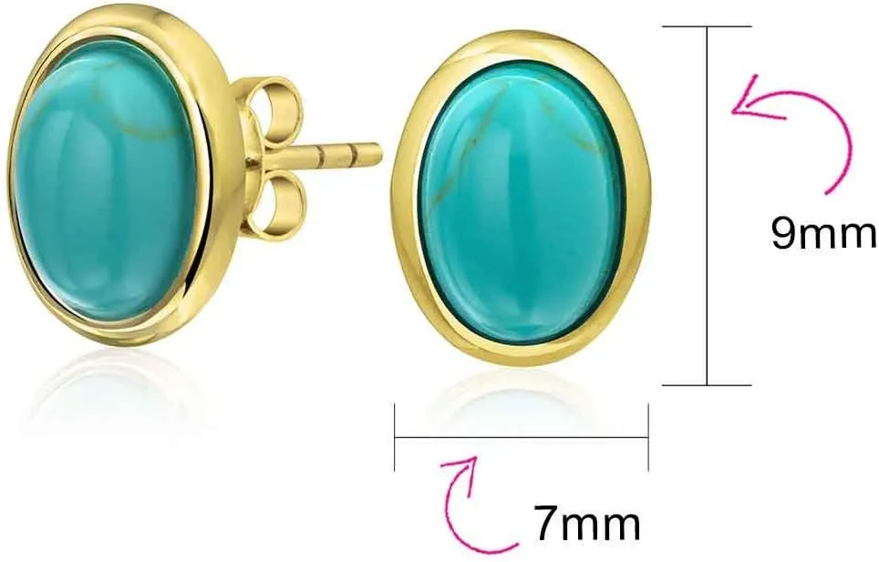 Traditional Classic 7x9 MM Gemstone Black Onyx Blue Turquoise Amber Bezel Set Dome Button Oval Stud Earrings For Women 14K Gold Plated .925 Sterling Silver