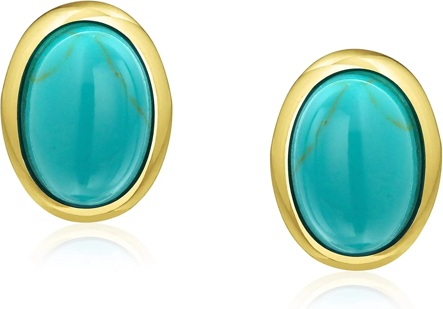 Traditional Classic 7x9 MM Gemstone Black Onyx Blue Turquoise Amber Bezel Set Dome Button Oval Stud Earrings For Women 14K Gold Plated .925 Sterling Silver