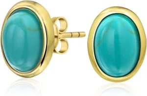 Traditional Classic 7x9 MM Gemstone Black Onyx Blue Turquoise Amber Bezel Set Dome Button Oval Stud Earrings For Women 14K Gold Plated .925 Sterling Silver