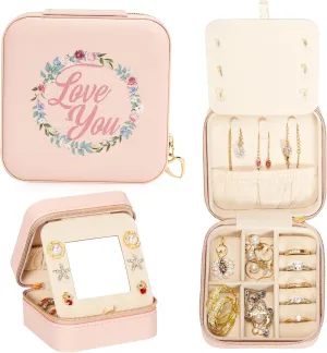 Travel Jewelry Box for Girls: Traveling Jewelry Case Gift for Women - Mini Organizer for Necklaces Earrings Pink Love