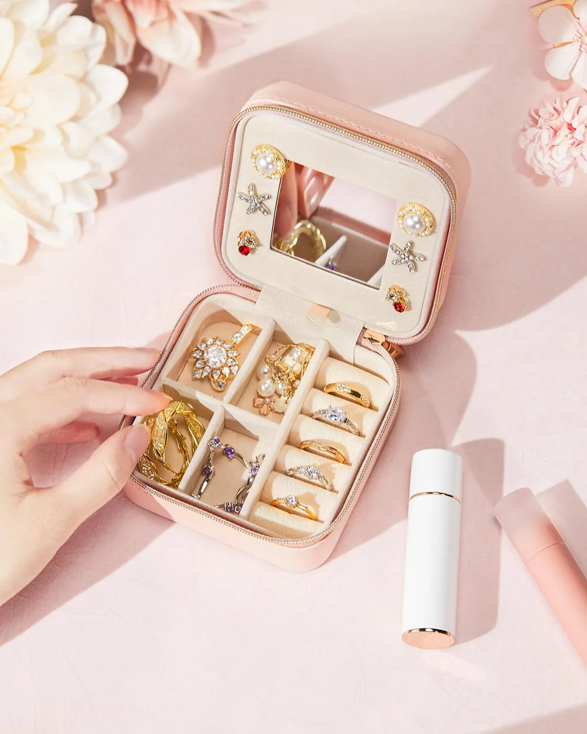 Travel Jewelry Box for Girls: Traveling Jewelry Case Gift for Women - Mini Organizer for Necklaces Earrings Pink Love