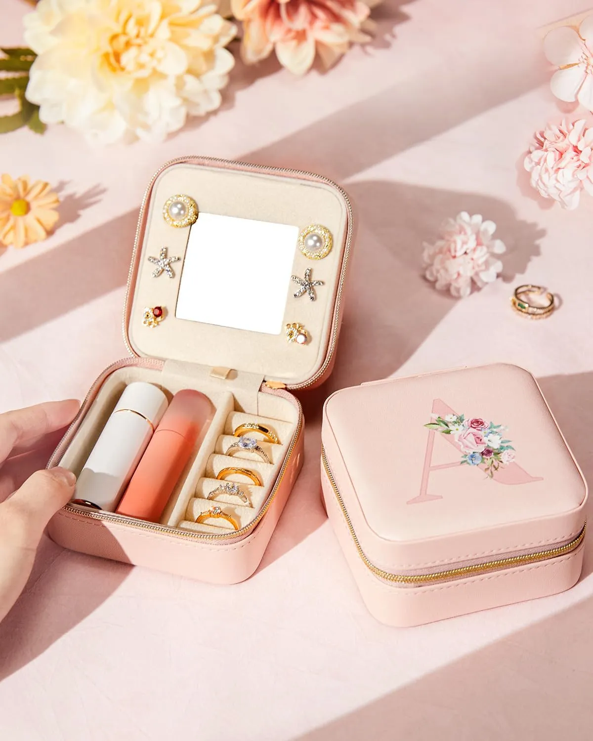 Travel Jewelry Box for Girls: Traveling Jewelry Case Gift for Women - Mini Organizer for Necklaces Earrings Pink Love