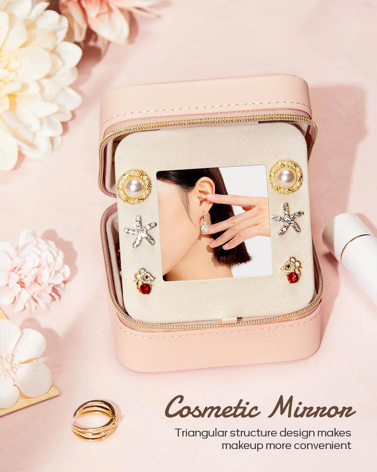 Travel Jewelry Box for Girls: Traveling Jewelry Case Gift for Women - Mini Organizer for Necklaces Earrings Pink Love