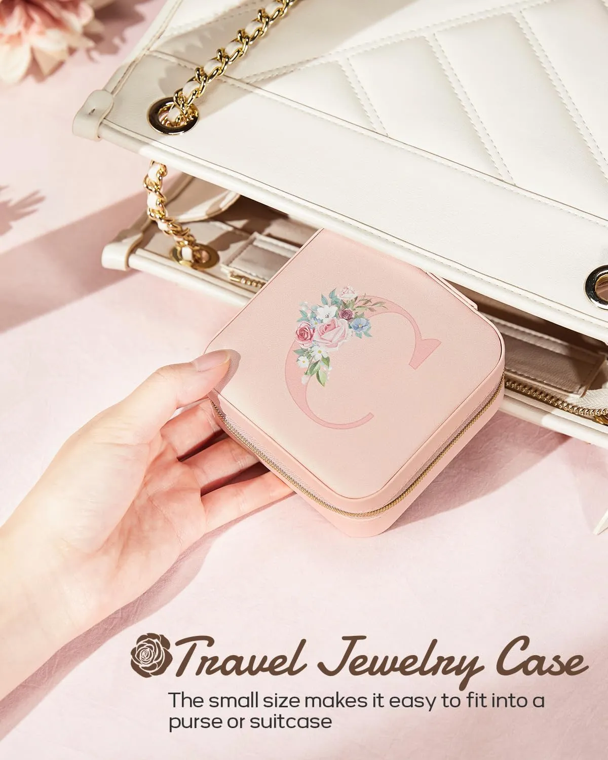 Travel Jewelry Box for Girls: Traveling Jewelry Case Gift for Women - Mini Organizer for Necklaces Earrings Pink Love