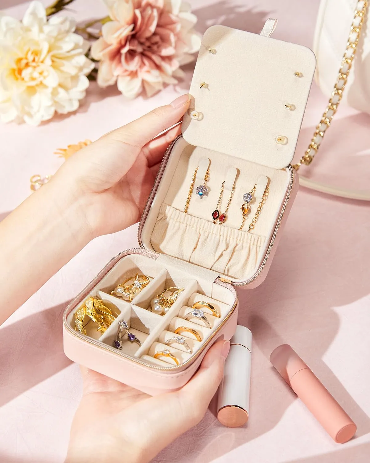 Travel Jewelry Box for Girls: Traveling Jewelry Case Gift for Women - Mini Organizer for Necklaces Earrings Pink Love
