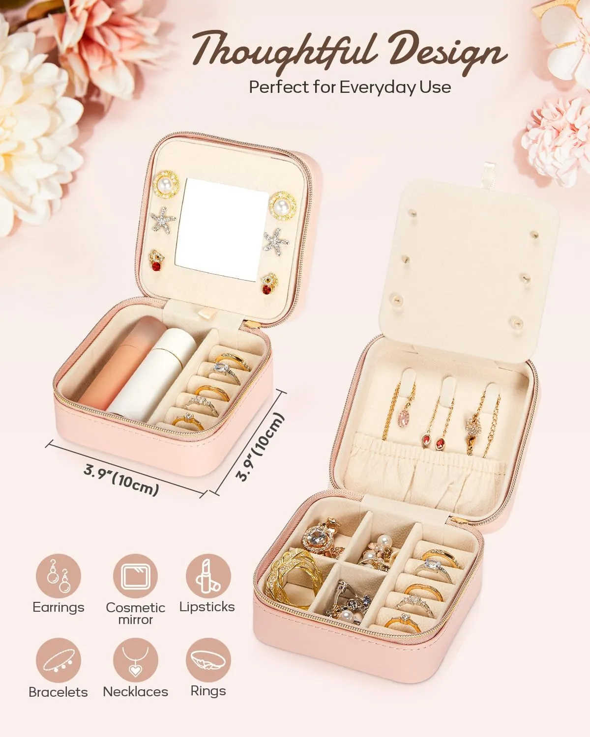 Travel Jewelry Box for Girls: Traveling Jewelry Case Gift for Women - Mini Organizer for Necklaces Earrings Pink Love