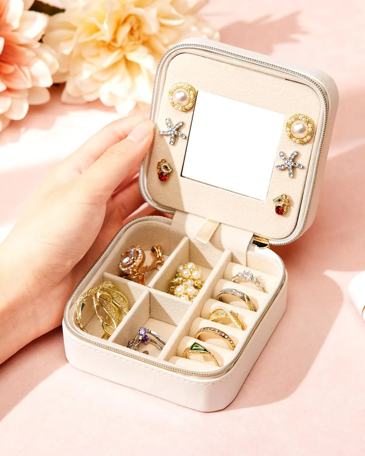 Travel Jewelry Box for Girls: Traveling Jewelry Case Gift for Women - Mini Organizer for Necklaces Earrings White Love