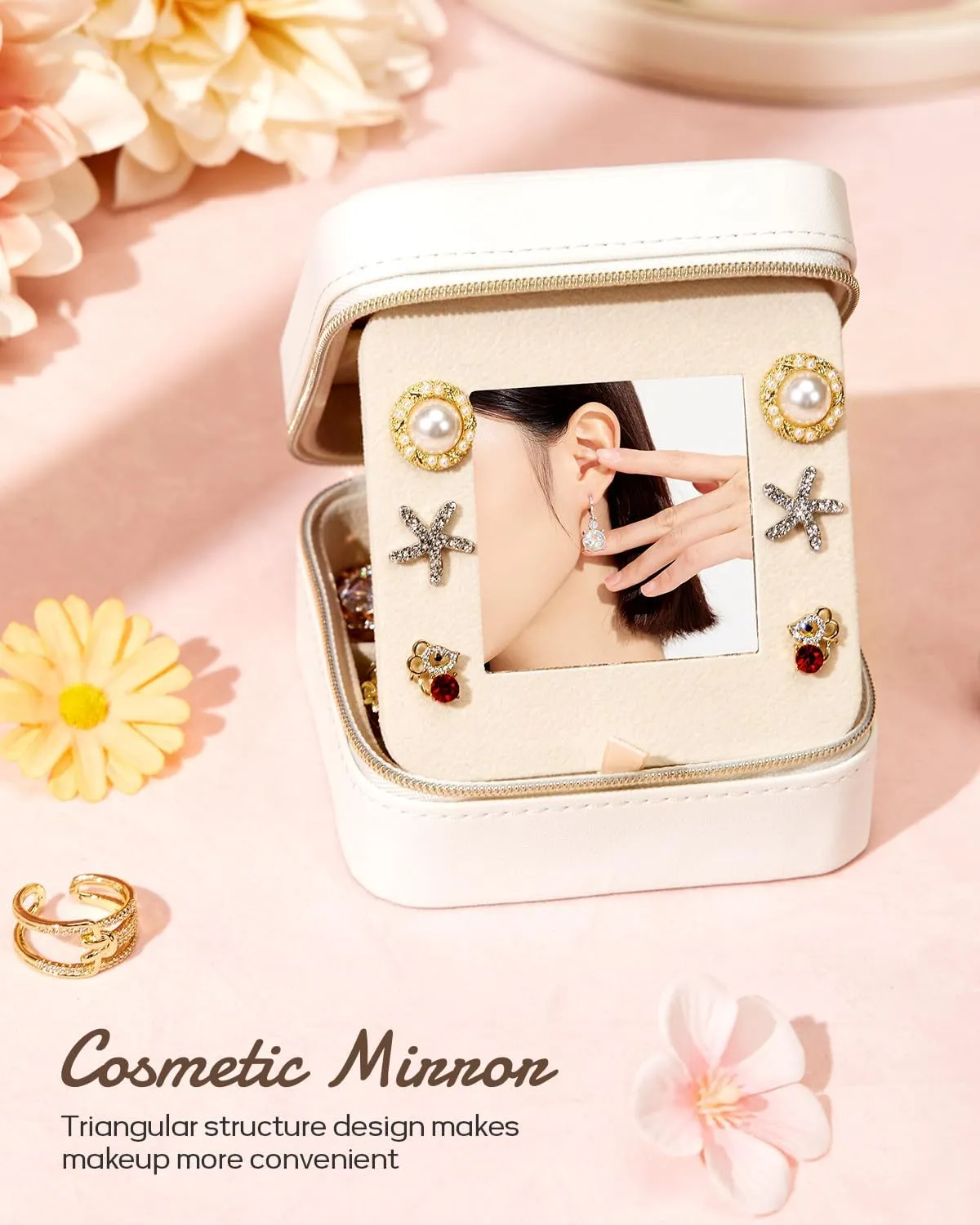 Travel Jewelry Box for Girls: Traveling Jewelry Case Gift for Women - Mini Organizer for Necklaces Earrings White Love