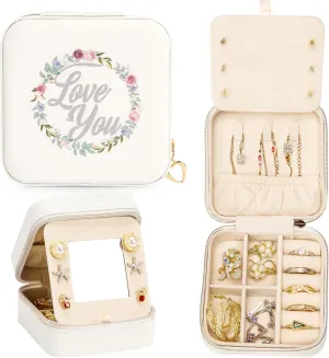 Travel Jewelry Box for Girls: Traveling Jewelry Case Gift for Women - Mini Organizer for Necklaces Earrings White Love