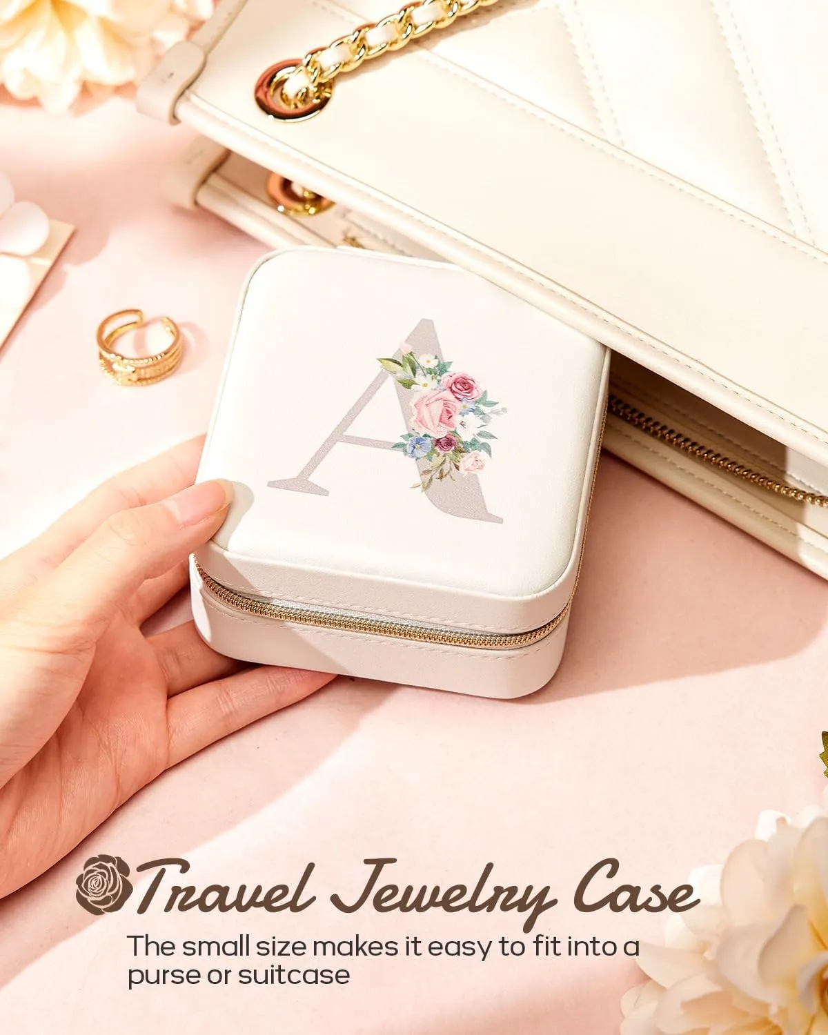 Travel Jewelry Box for Girls: Traveling Jewelry Case Gift for Women - Mini Organizer for Necklaces Earrings White Love