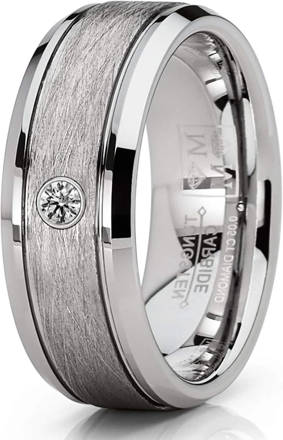 Tungsten Carbide 1/20 Cttw Diamond Brushed & Polished Grooved Men's Wedding Band Engagement Ring (Clear, SI2-I1) 8MM