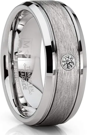 Tungsten Carbide 1/20 Cttw Diamond Brushed & Polished Grooved Men's Wedding Band Engagement Ring (Clear, SI2-I1) 8MM
