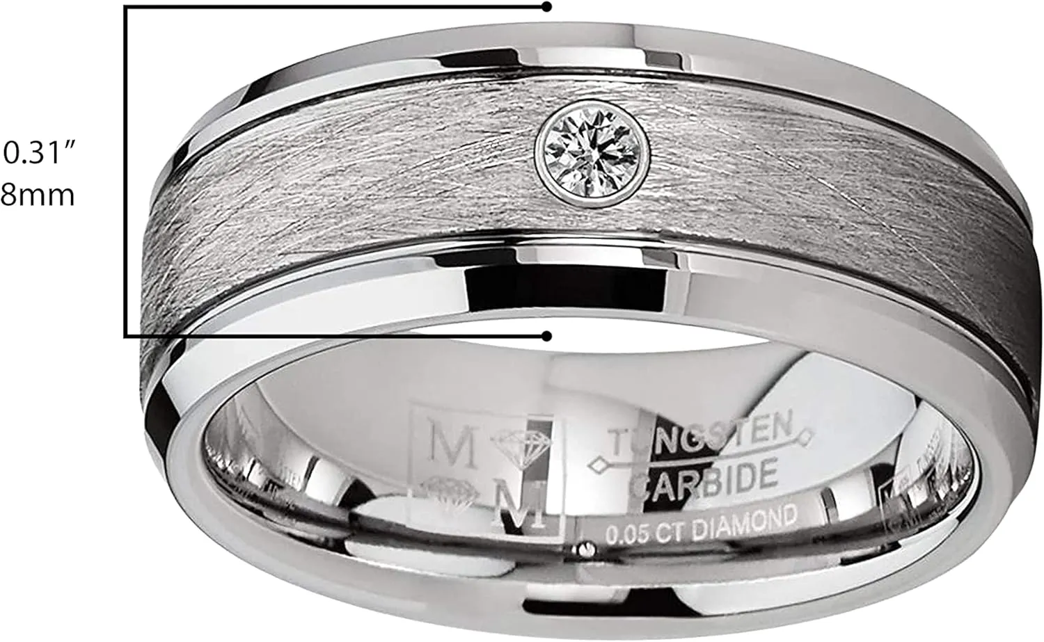 Tungsten Carbide 1/20 Cttw Diamond Brushed & Polished Grooved Men's Wedding Band Engagement Ring (Clear, SI2-I1) 8MM
