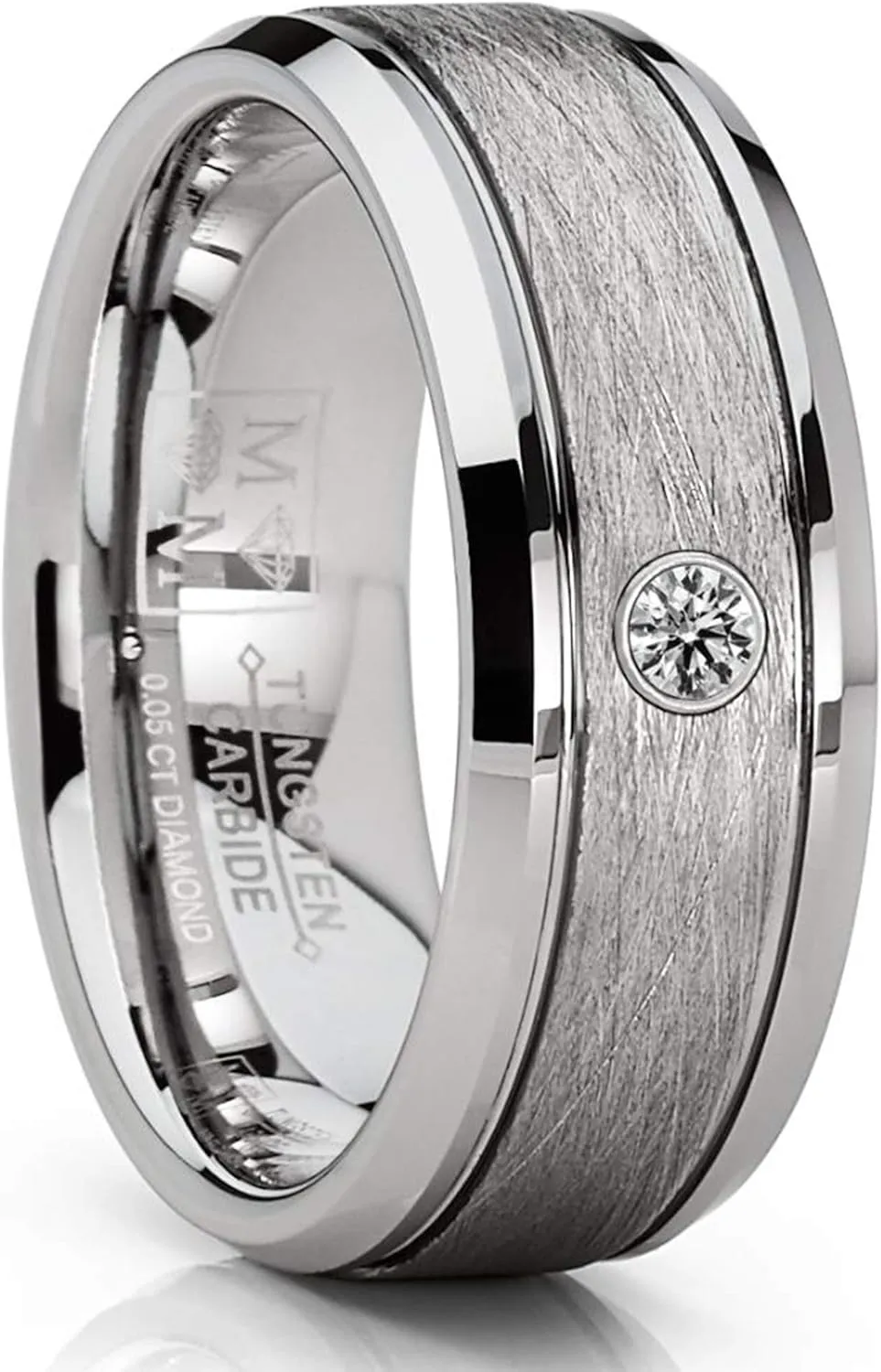 Tungsten Carbide 1/20 Cttw Diamond Brushed & Polished Grooved Men's Wedding Band Engagement Ring (Clear, SI2-I1) 8MM