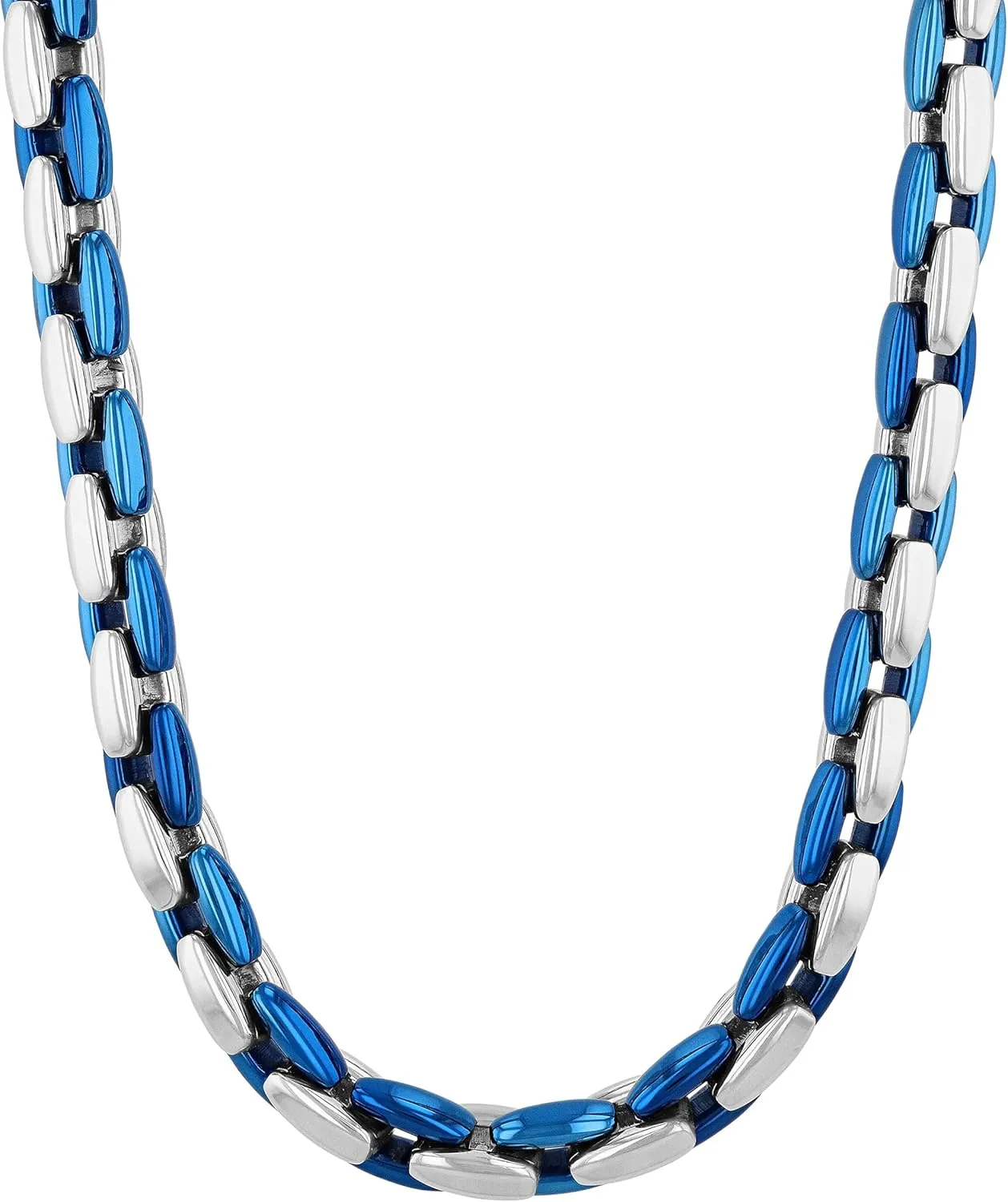 Two-Tone Stainless Steel 6.3mm Link Chain Necklace w/Polished Blue Finish, 24