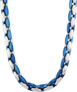 Two-Tone Stainless Steel 6.3mm Link Chain Necklace w/Polished Blue Finish, 24
