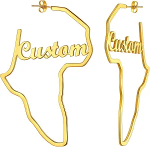 U7 African Map Earrings, Stainless Steel/Black/18K Gold Plated Exaggerated Hollow Out Earrings,Africa Dangle Earrings, Map of Africa Stud Earrings, Custom Name Earrings for Women