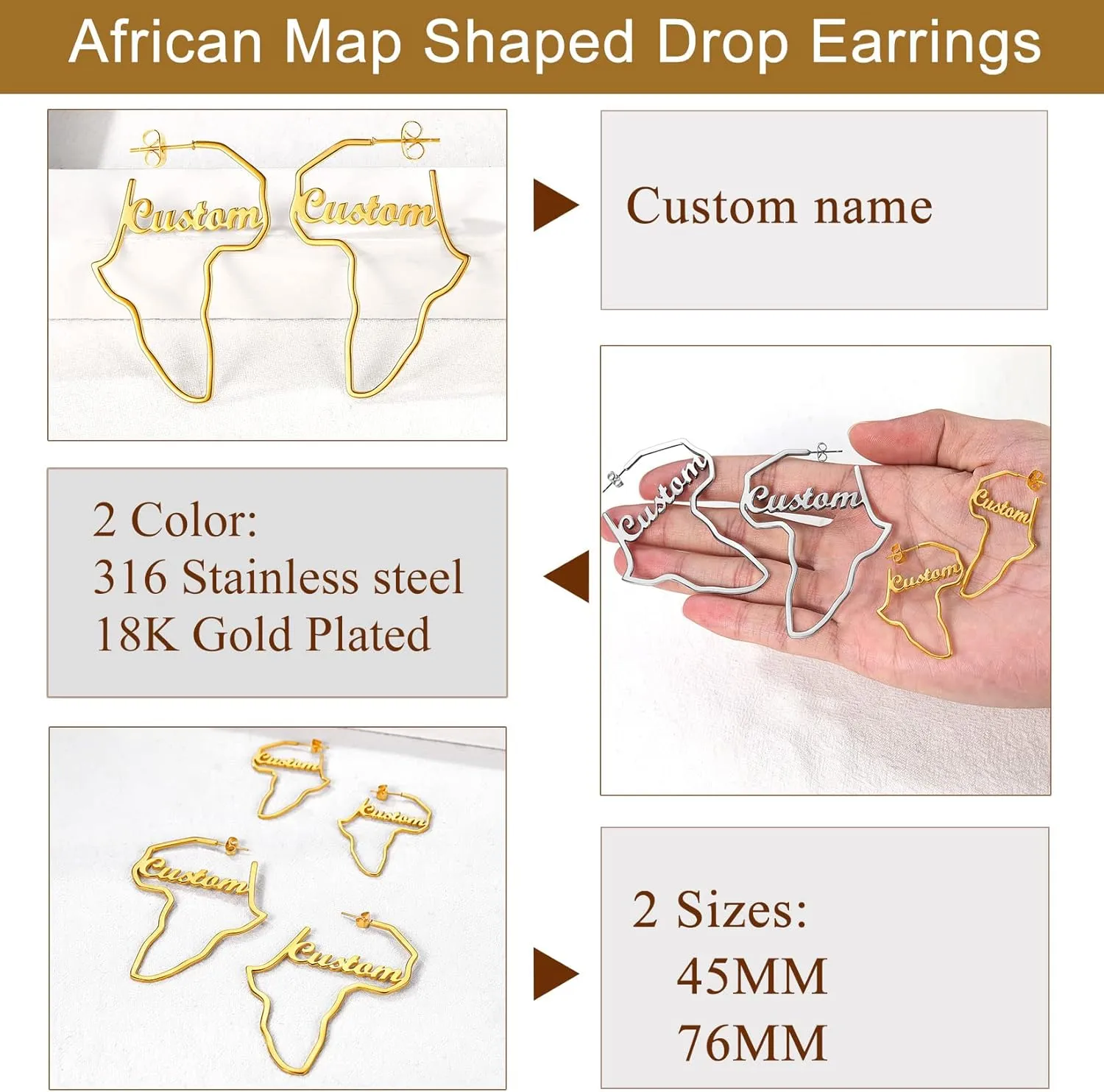 U7 African Map Earrings, Stainless Steel/Black/18K Gold Plated Exaggerated Hollow Out Earrings,Africa Dangle Earrings, Map of Africa Stud Earrings, Custom Name Earrings for Women