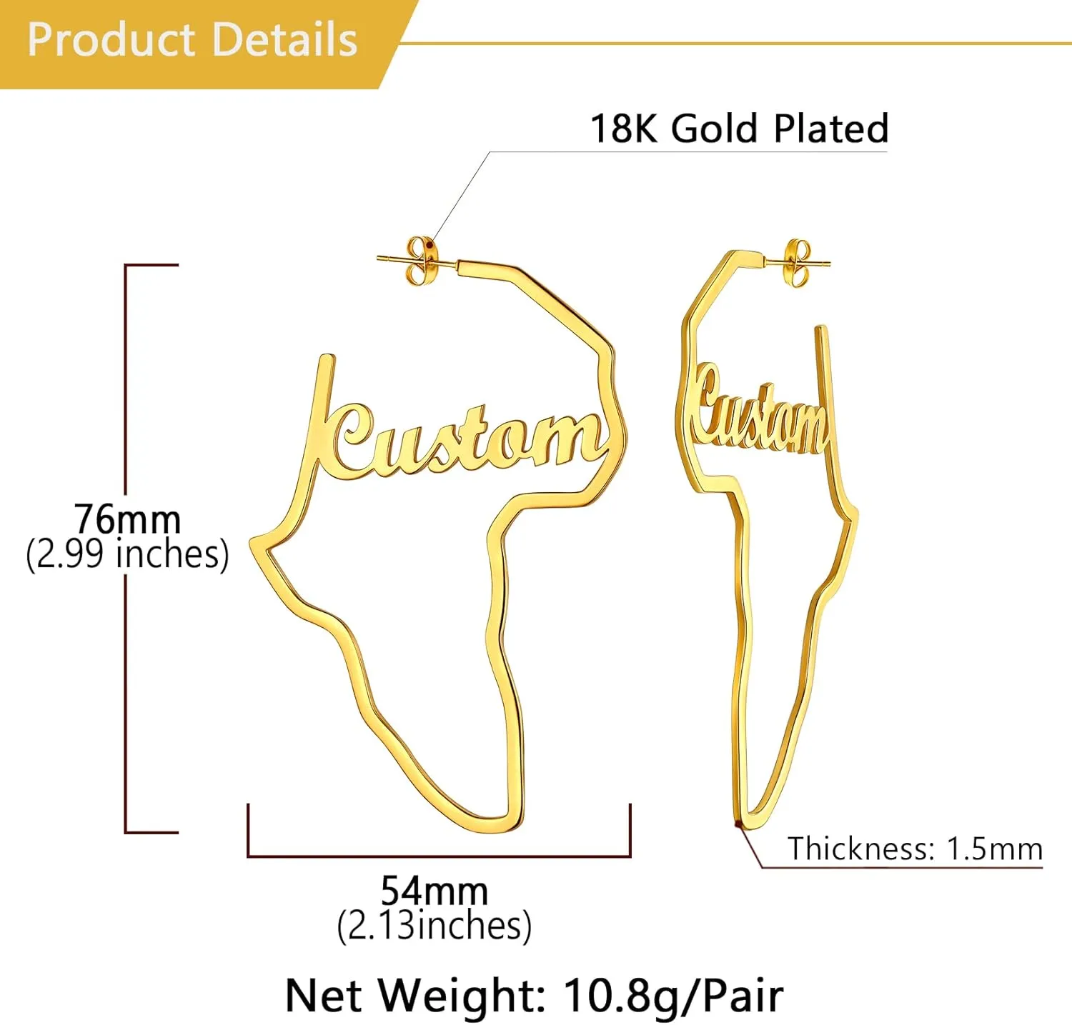 U7 African Map Earrings, Stainless Steel/Black/18K Gold Plated Exaggerated Hollow Out Earrings,Africa Dangle Earrings, Map of Africa Stud Earrings, Custom Name Earrings for Women