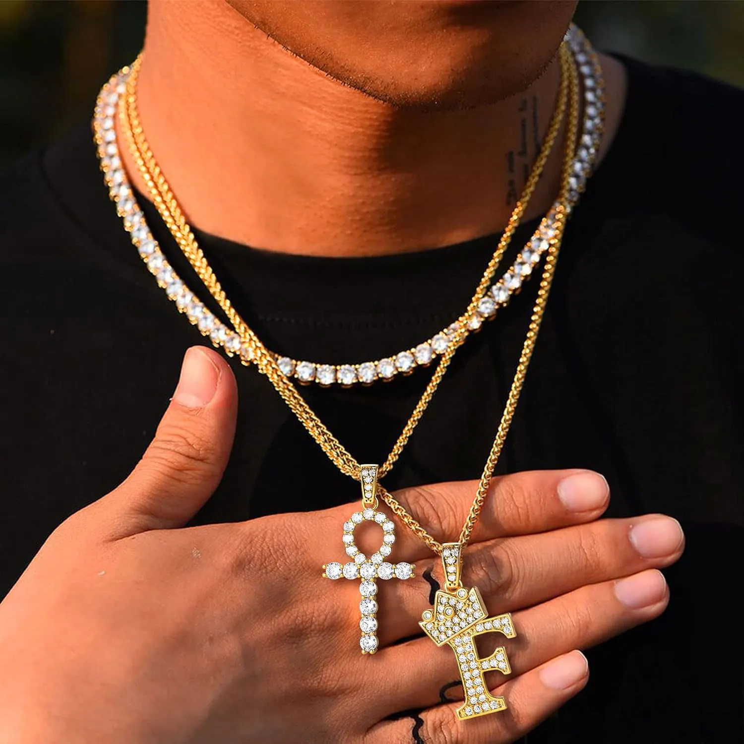 U7 Ankh Necklace for Men Women Stainless Steel Black Color Egyptian Jewelry Ankh Cross Pendant, Africa Necklaces with Chain 22"