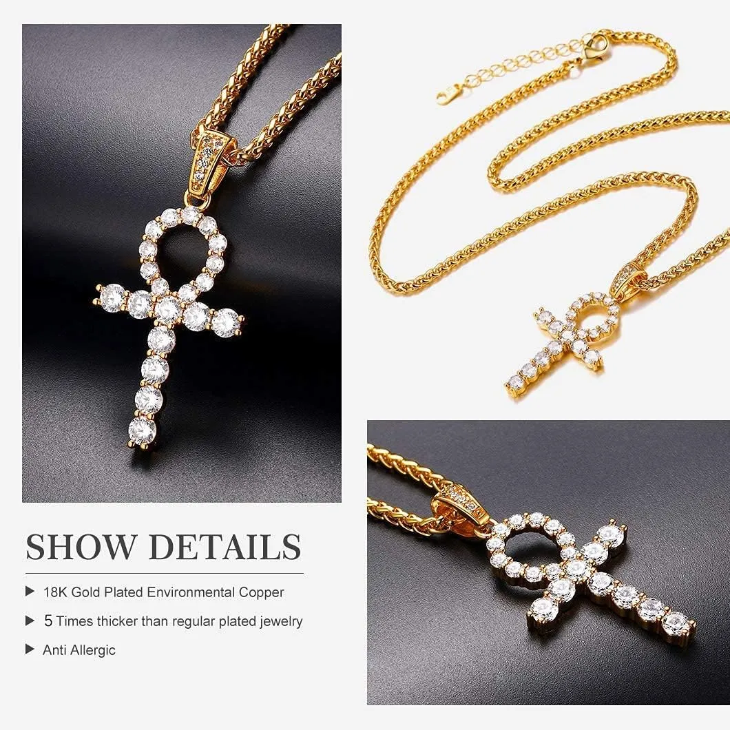 U7 Ankh Necklace for Men Women Stainless Steel Black Color Egyptian Jewelry Ankh Cross Pendant, Africa Necklaces with Chain 22"