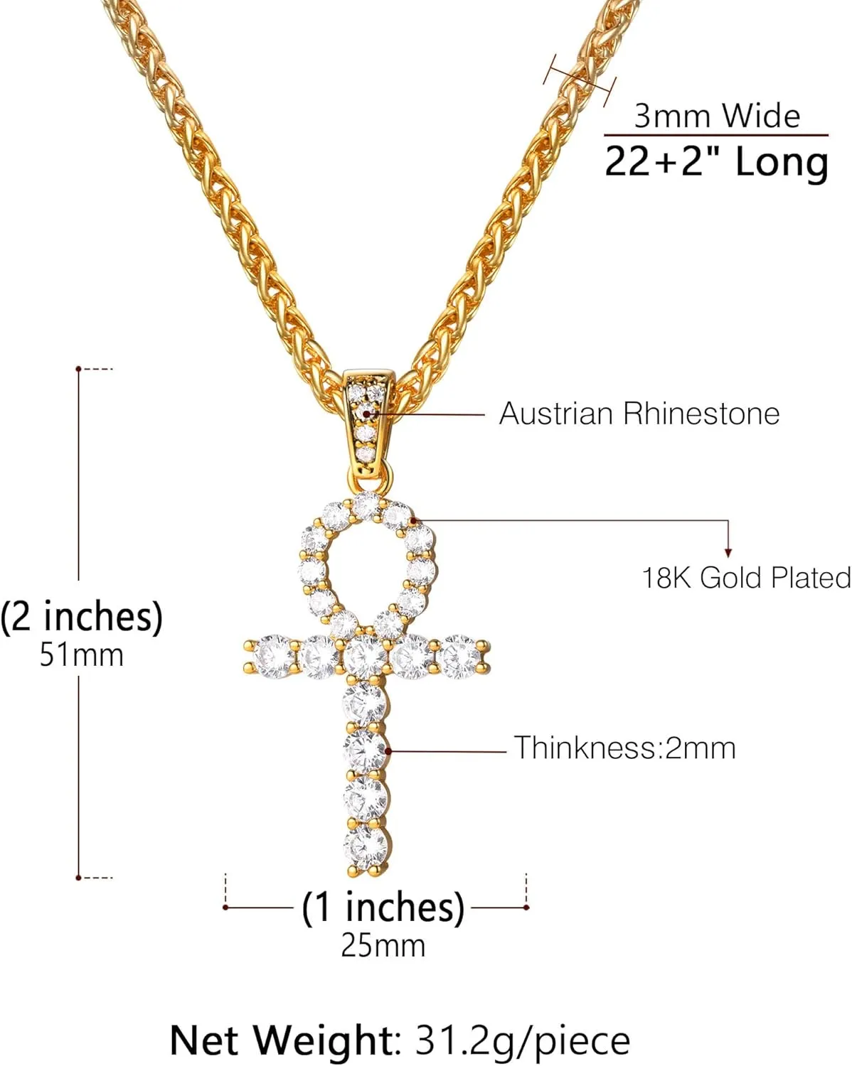 U7 Ankh Necklace for Men Women Stainless Steel Black Color Egyptian Jewelry Ankh Cross Pendant, Africa Necklaces with Chain 22"