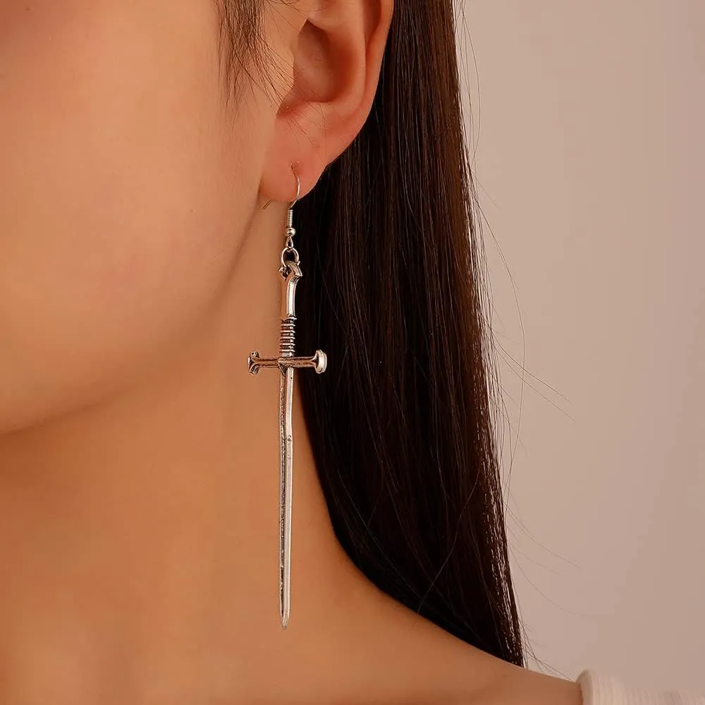 Unique Retro Gothic Long Sword Dangle Earrings Vintage Silver Punk Style Knife Earrings Halloween Party Jewelry