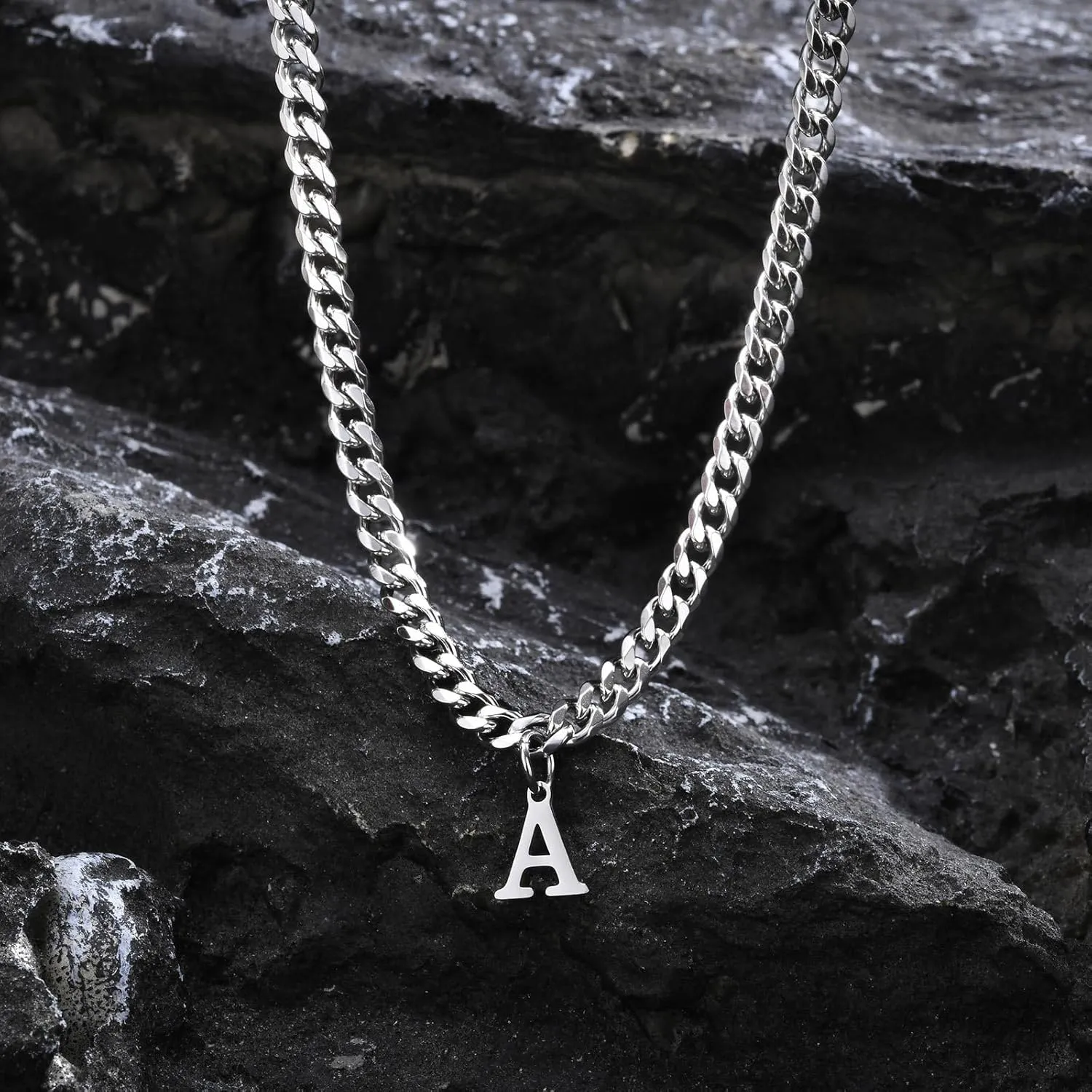 Unisex Stainless Steel Initial A-Z Necklace for Women Men,Titanium Steel Initial Letter Pendant Charm Cuban Chain Necklaces Accessories Jewelry for Woman Man,20Inch Chain