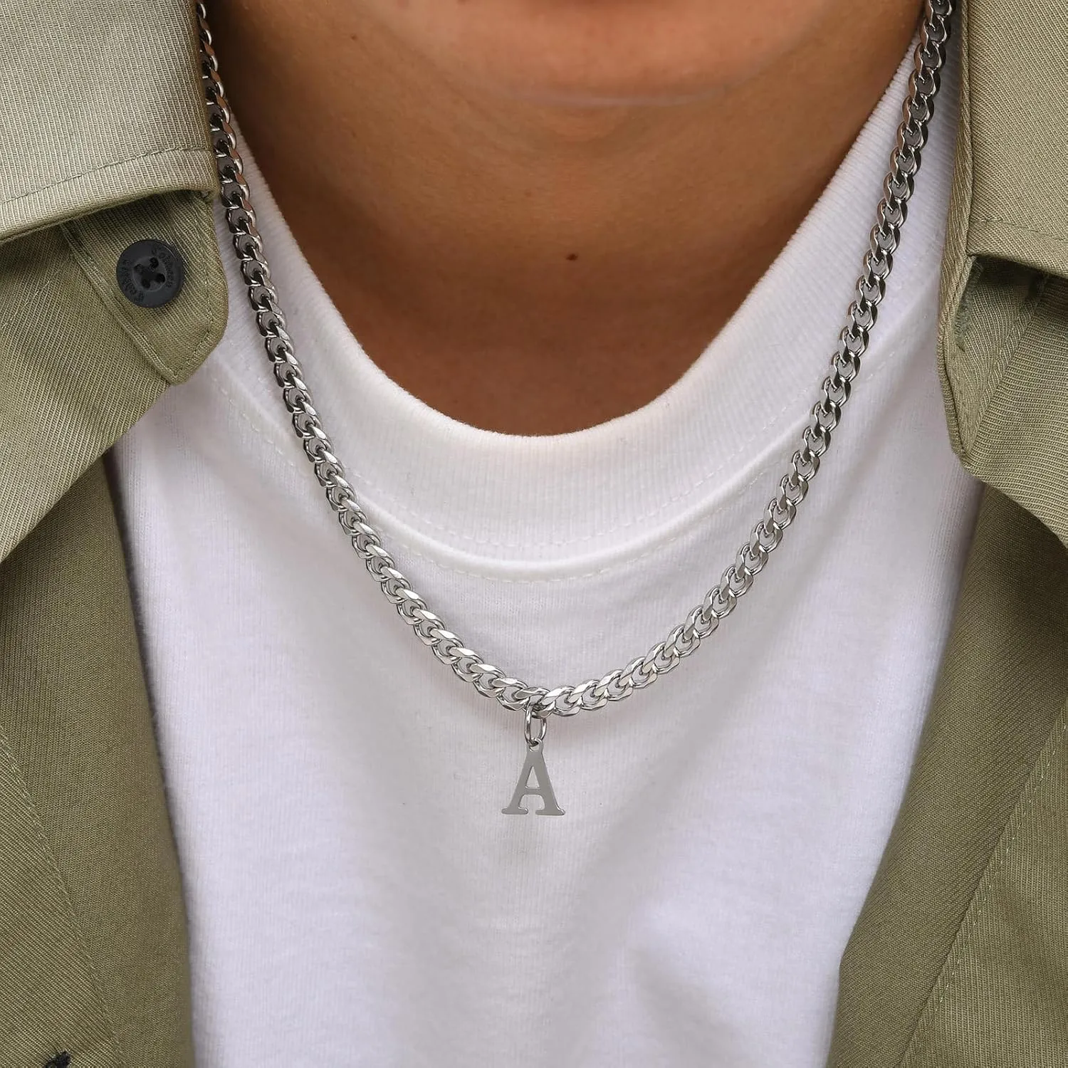 Unisex Stainless Steel Initial A-Z Necklace for Women Men,Titanium Steel Initial Letter Pendant Charm Cuban Chain Necklaces Accessories Jewelry for Woman Man,20Inch Chain