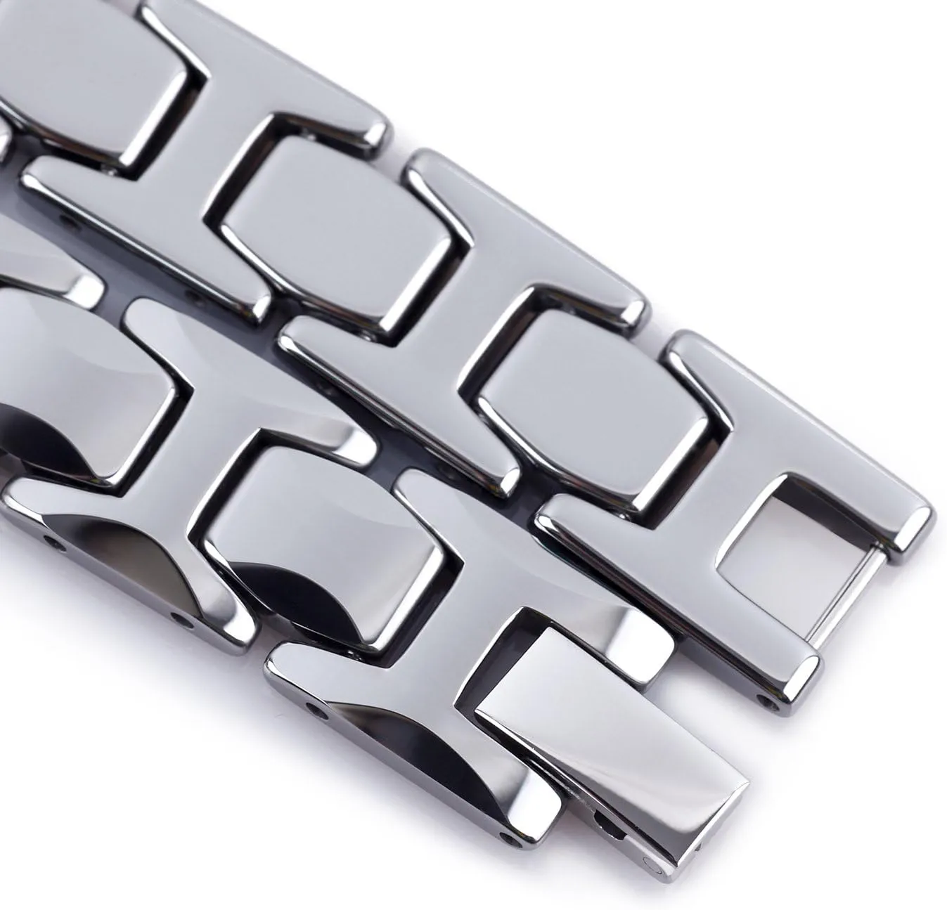 Urban Jewelry Stunning Solid Tungsten Link Bracelet for Men Polished Link, Puzzle, Ceramic Style (Silver, Black, 18K Gold Plated Option)