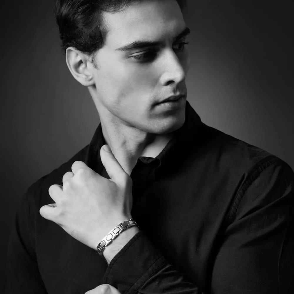 Urban Jewelry Stunning Solid Tungsten Link Bracelet for Men Polished Link, Puzzle, Ceramic Style (Silver, Black, 18K Gold Plated Option)
