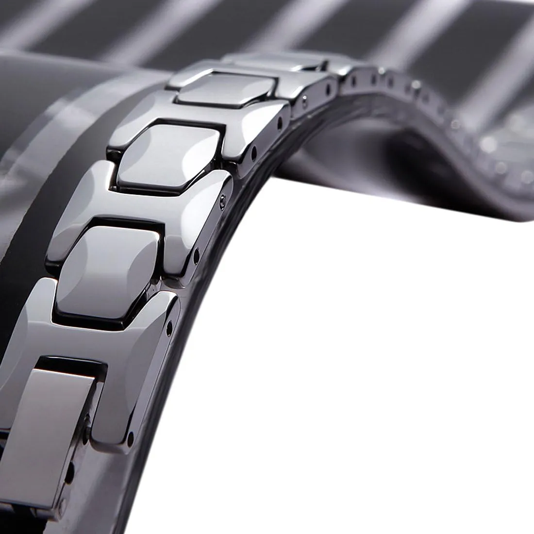 Urban Jewelry Stunning Solid Tungsten Link Bracelet for Men Polished Link, Puzzle, Ceramic Style (Silver, Black, 18K Gold Plated Option)