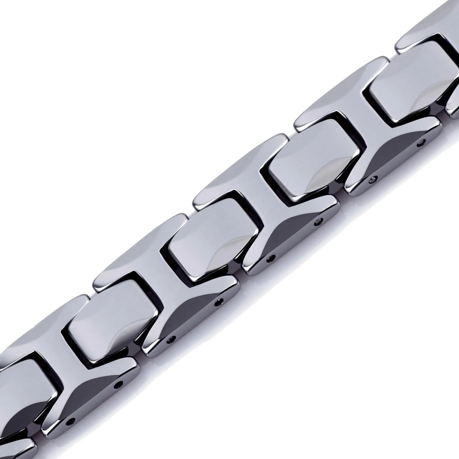 Urban Jewelry Stunning Solid Tungsten Link Bracelet for Men Polished Link, Puzzle, Ceramic Style (Silver, Black, 18K Gold Plated Option)