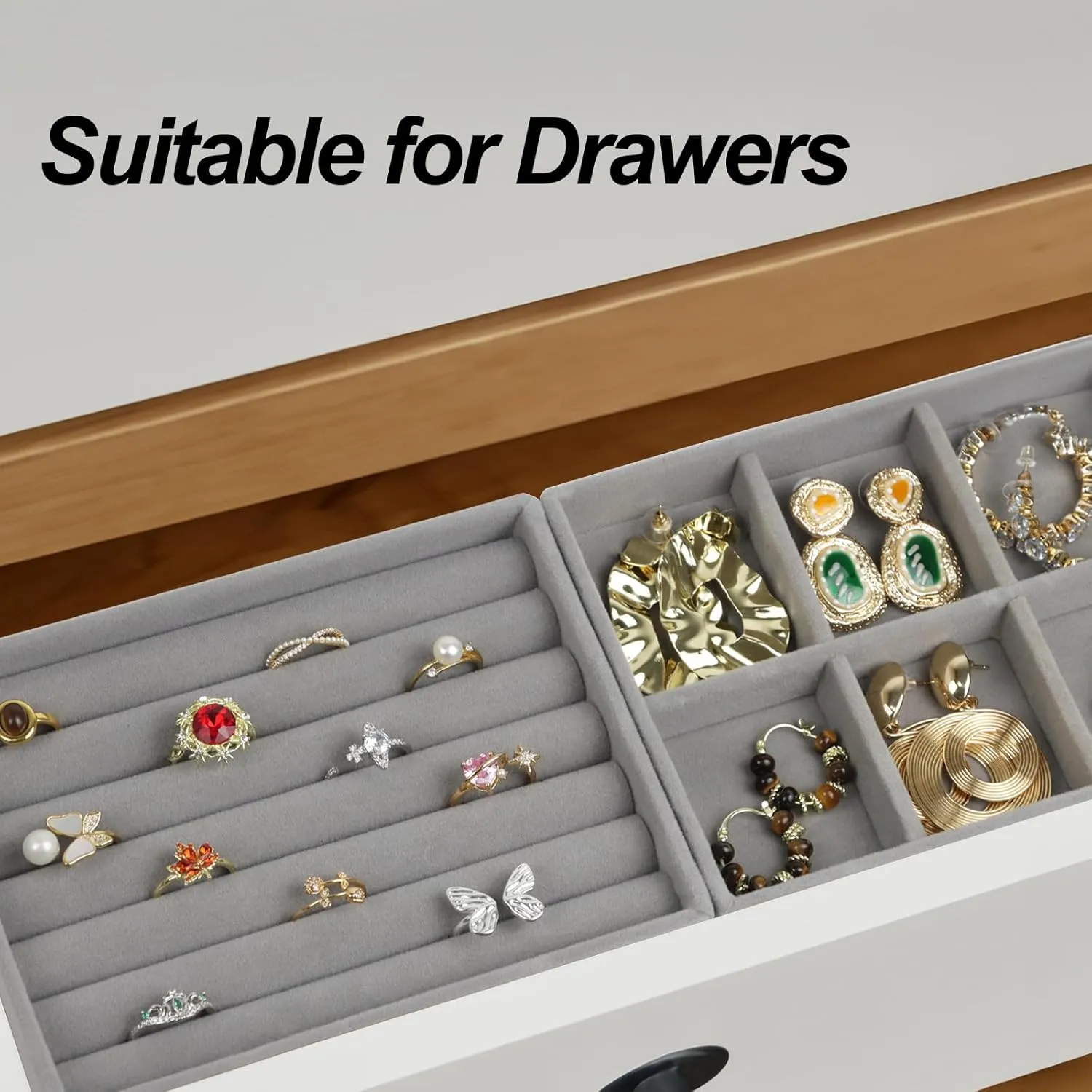 Velvet Jewelry Organizer Box, Jewelry Drawer Organizers Trays, Earring Ring Necklace Holder Display Case (Gray, Ring 6 Grid Trays)