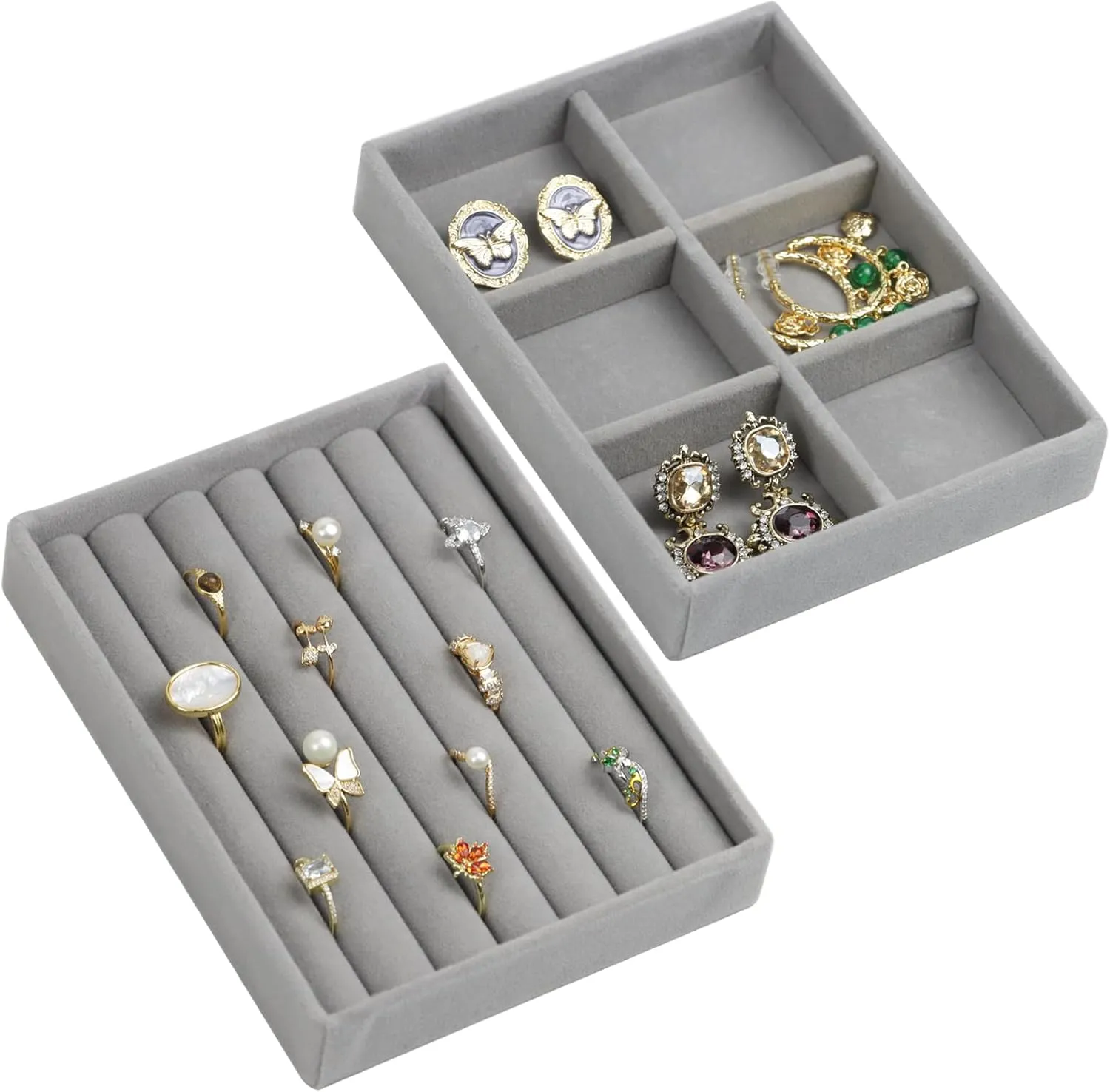 Velvet Jewelry Organizer Box, Jewelry Drawer Organizers Trays, Earring Ring Necklace Holder Display Case (Gray, Ring 6 Grid Trays)