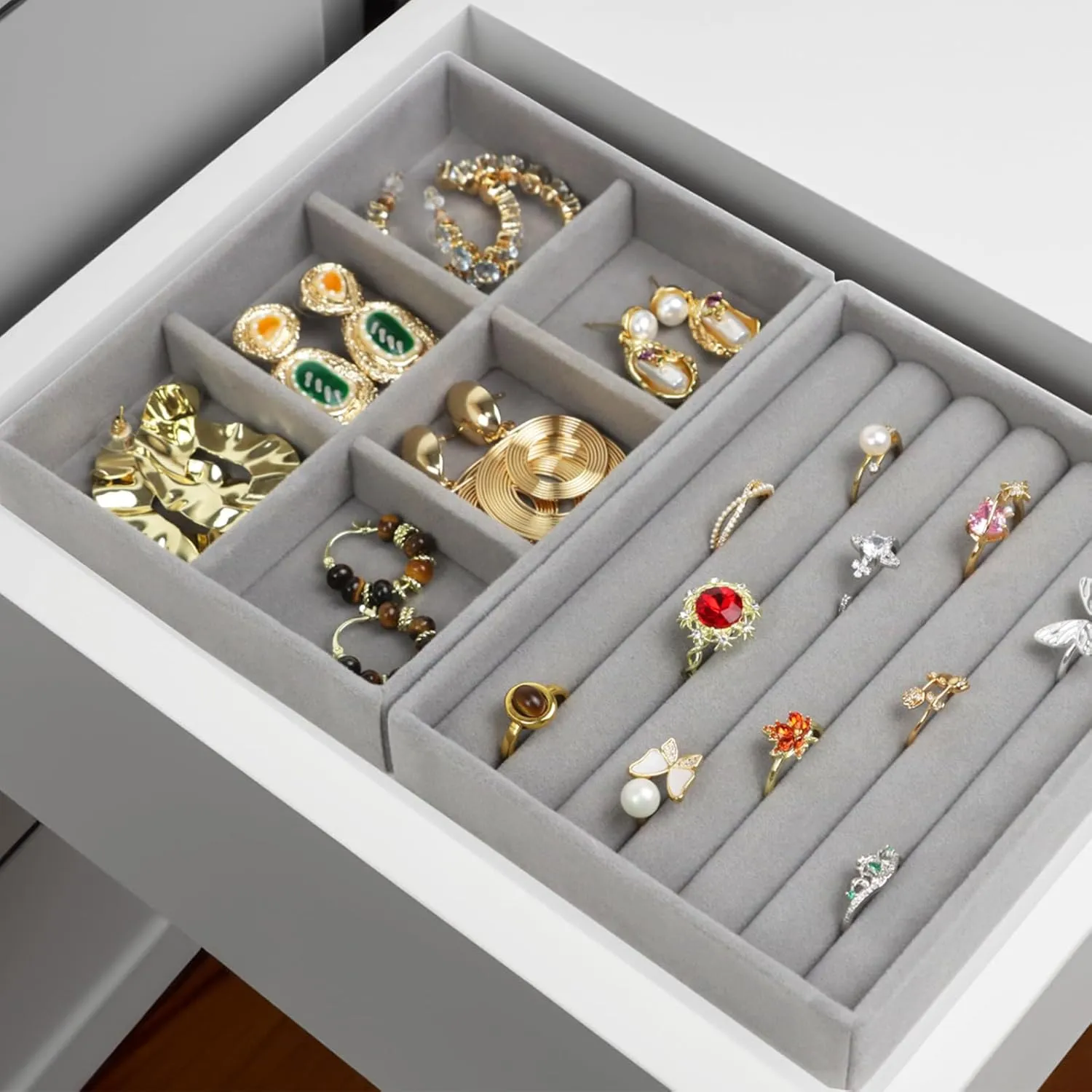 Velvet Jewelry Organizer Box, Jewelry Drawer Organizers Trays, Earring Ring Necklace Holder Display Case (Gray, Ring 6 Grid Trays)