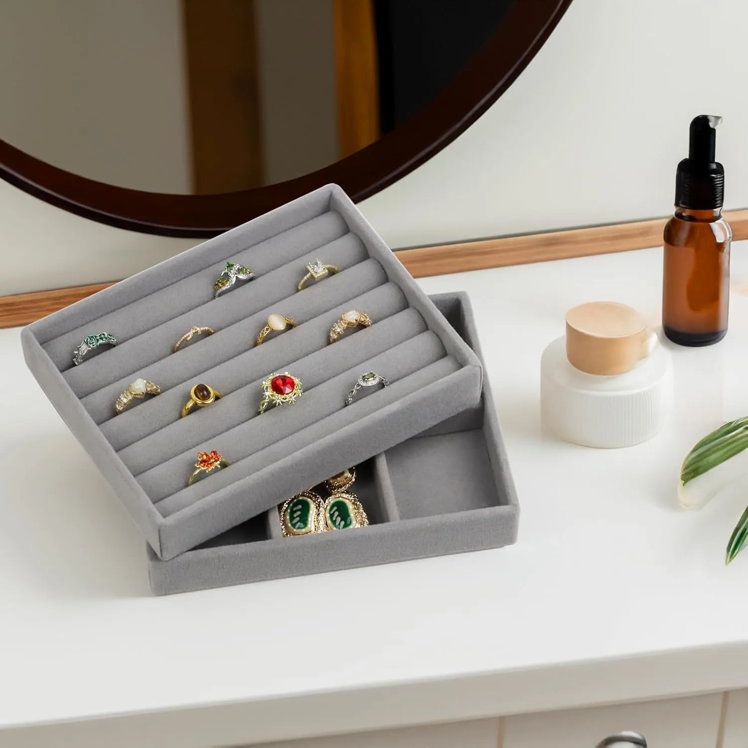 Velvet Jewelry Organizer Box, Jewelry Drawer Organizers Trays, Earring Ring Necklace Holder Display Case (Gray, Ring 6 Grid Trays)